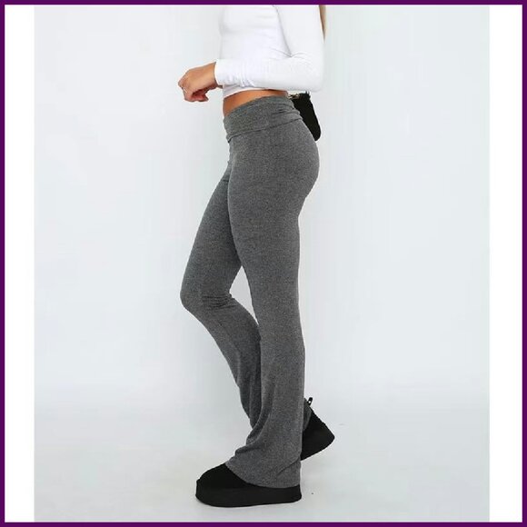 Y2K Flare Leggings Low Rise Fold Over Waist Bootcut Stretchy Yoga Pants - Picture 3 of 7